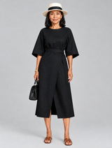 Augustine™ Black Minimalist Short Sleeve Midi Dress