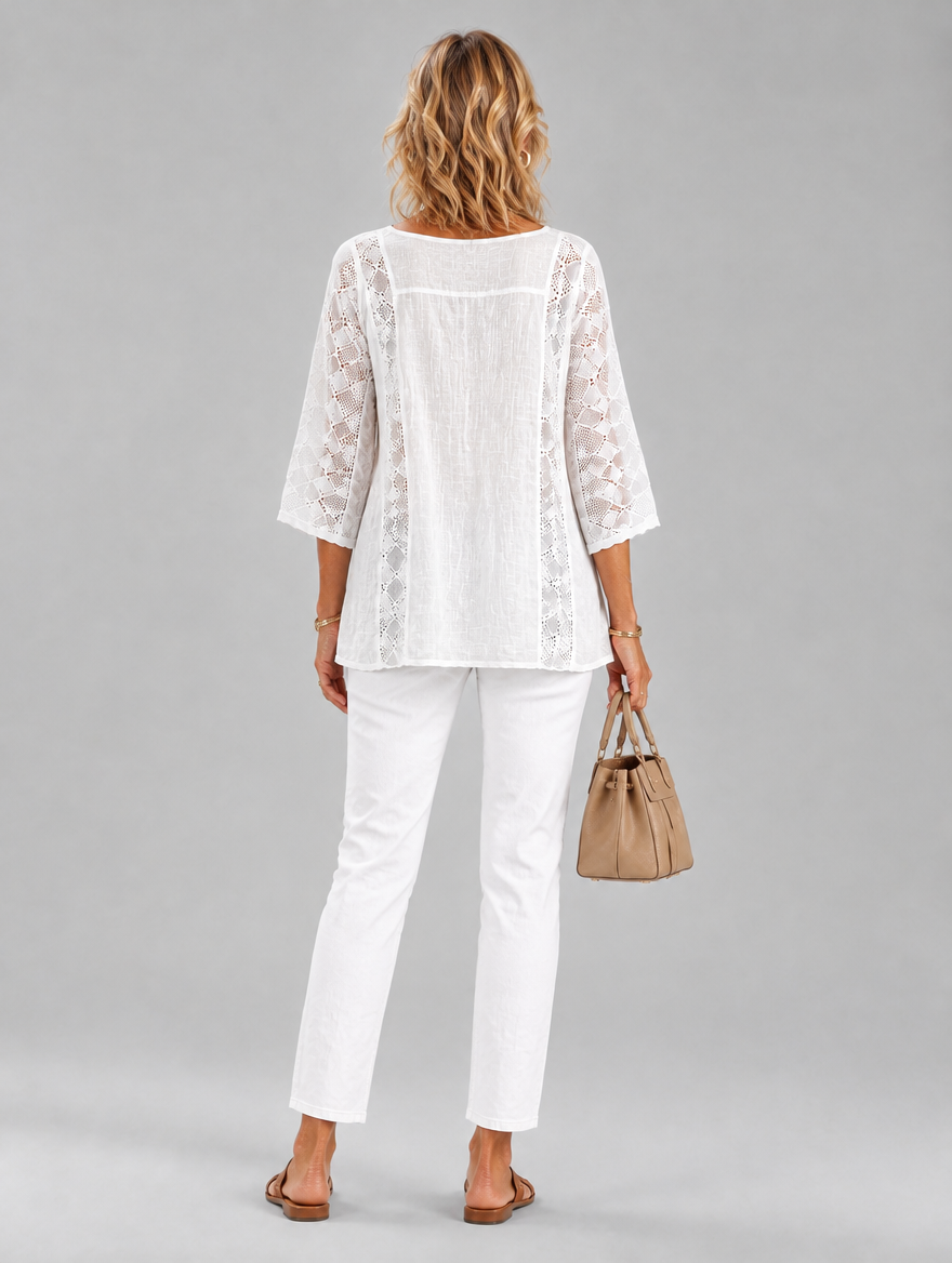 Ariadne crochet panel cotton blouse in white, back view