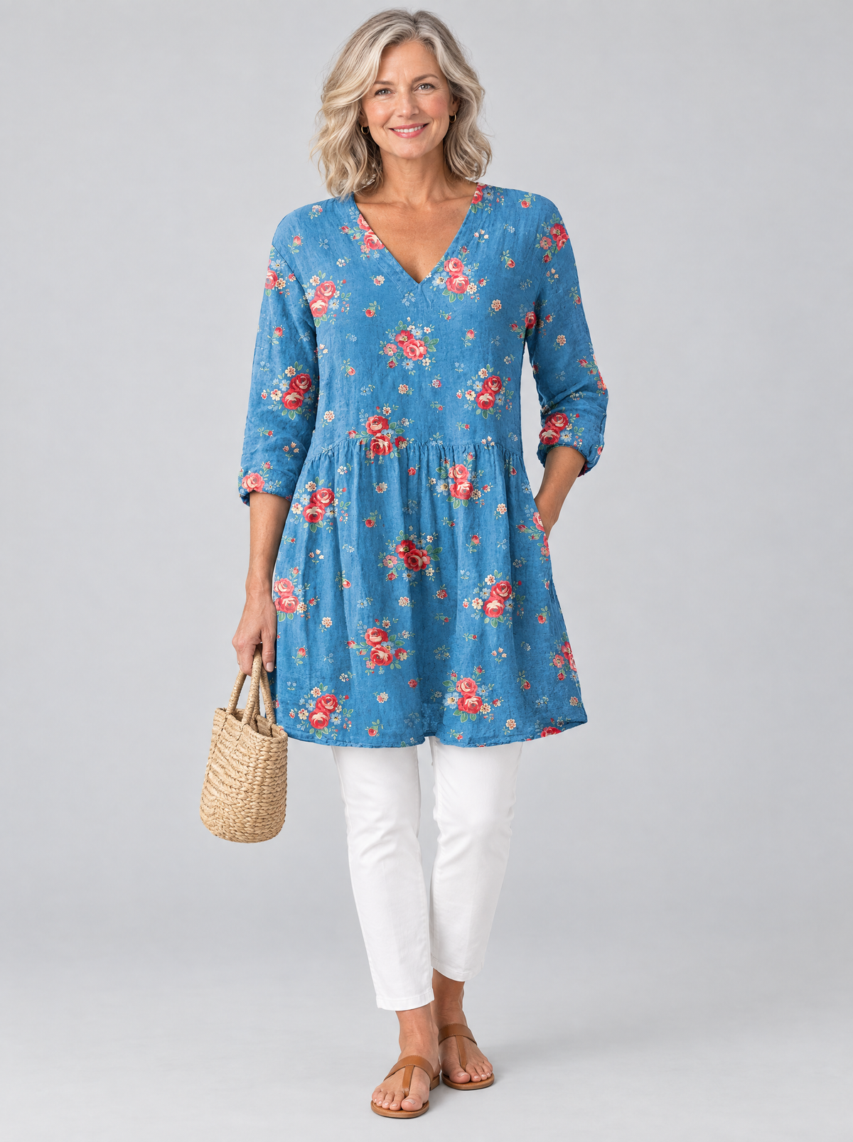 Rosella long blouse with V-neck in denim blue rose print, front view