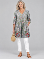 Lorelle long blouse in dove grey meadow wildflower print, front view