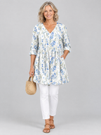 Cornelia long blouse in white with cornflower blue wildflower print, front view