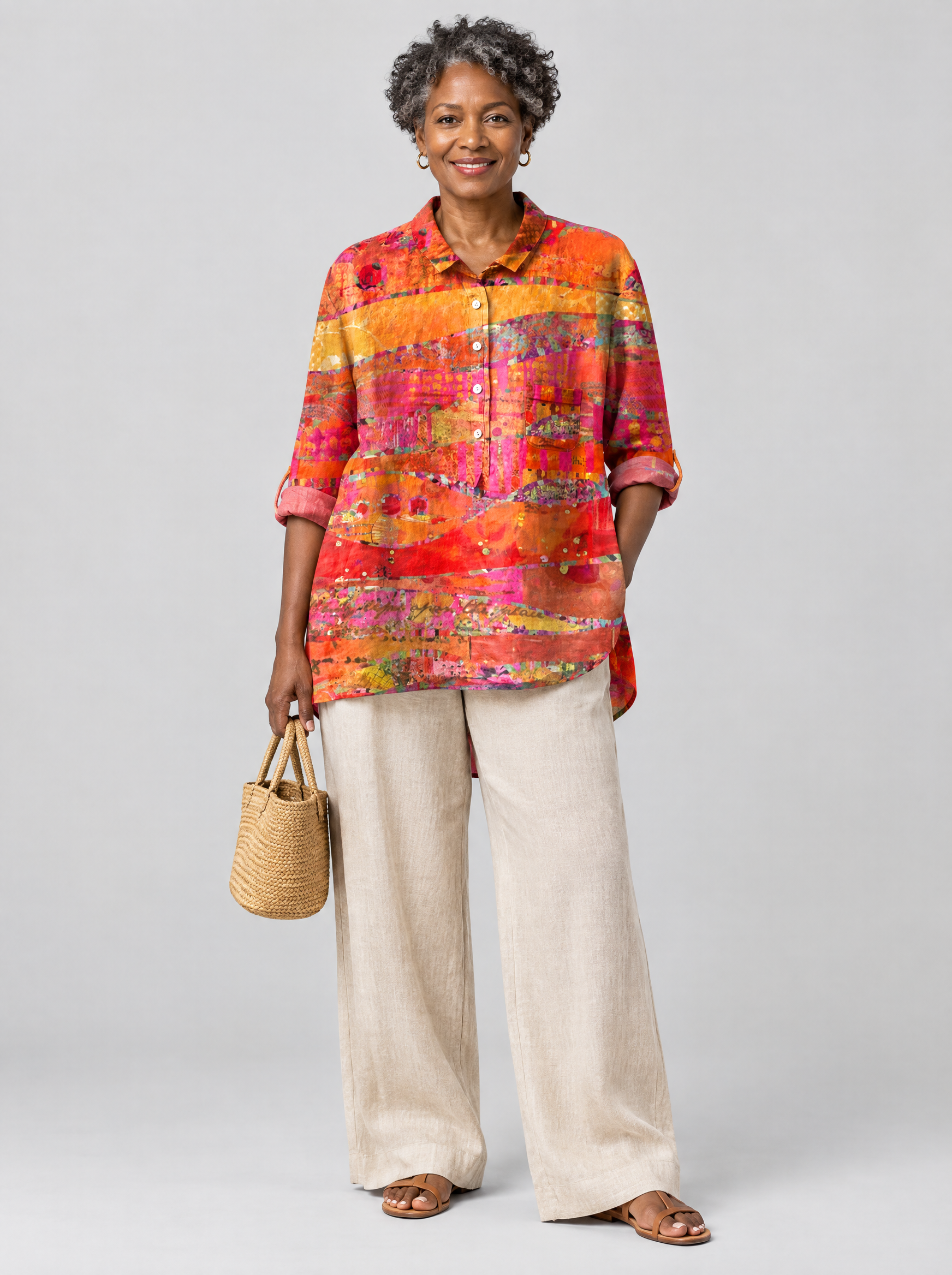 Maureen relaxed tunic in sunset collage print, front view