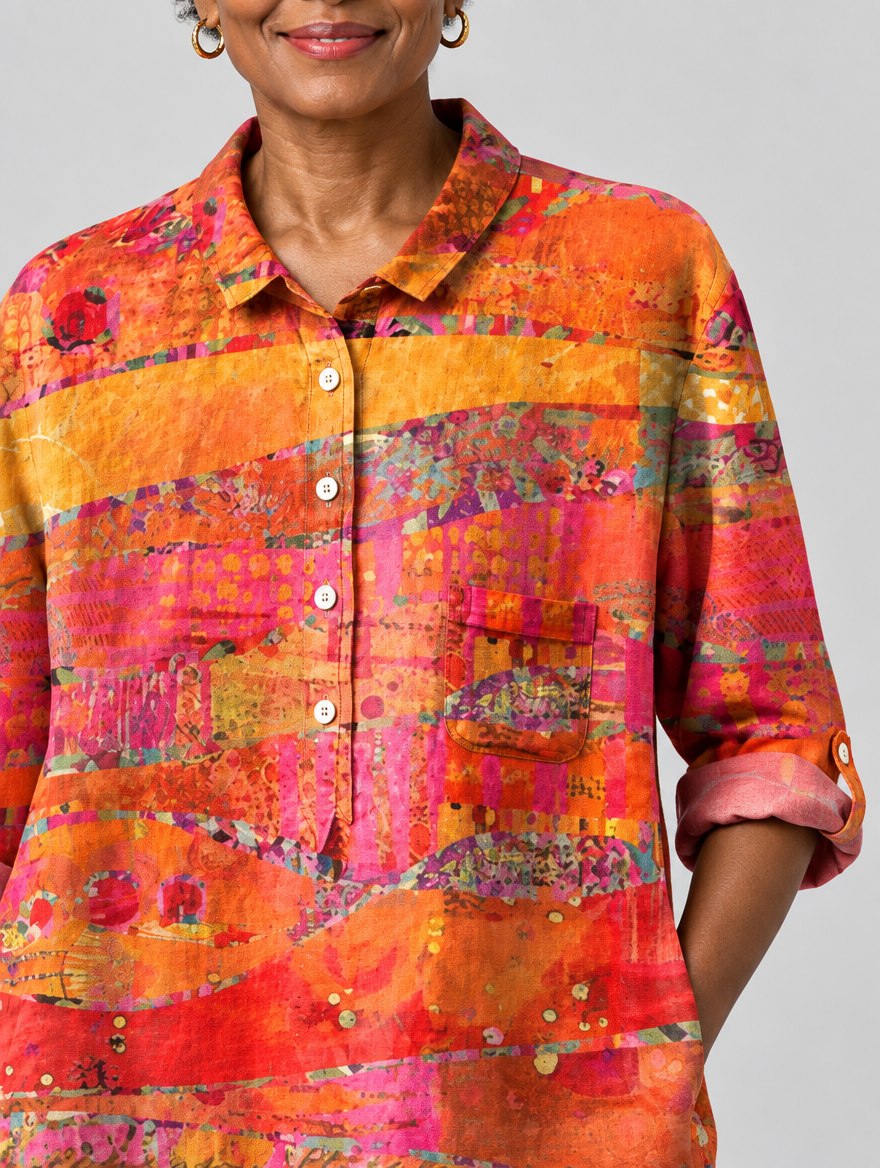 Una relaxed tunic in sunset collage print, close up of print and collar