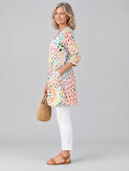 Ginny long blouse in oatmeal cream rainbow confetti print, side view showing the relaxed fit