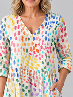 Ginny long blouse in oatmeal cream rainbow confetti print, close up of print and neckline
