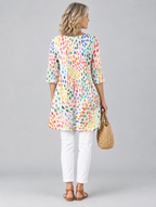 Ginny long blouse in oatmeal cream rainbow confetti print, back view