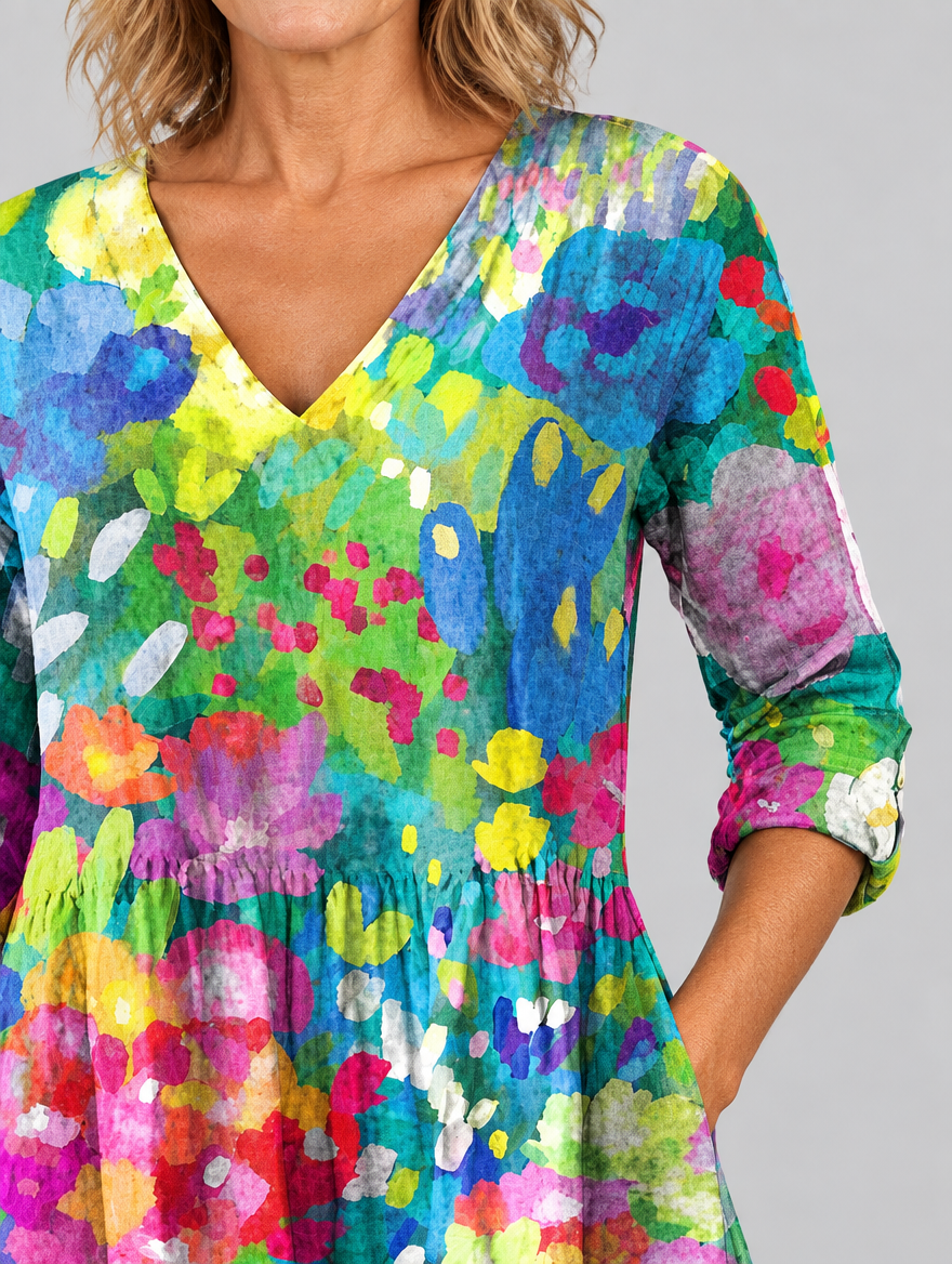 Claudette long blouse in impressionist garden print, close up of print and neckline