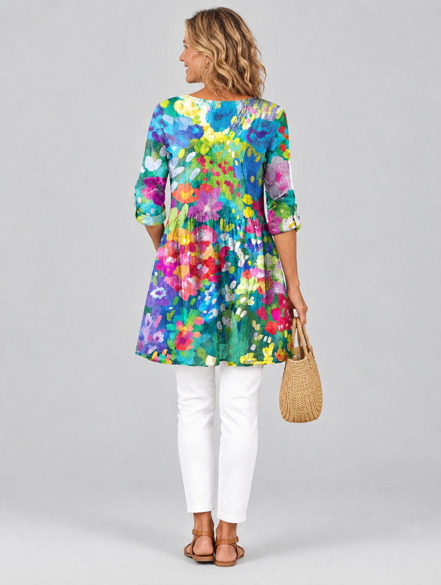 Claudette long blouse in impressionist garden print, back view