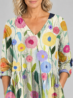 Daralis long blouse in stone watercolour poppy print, close up of print and neckline
