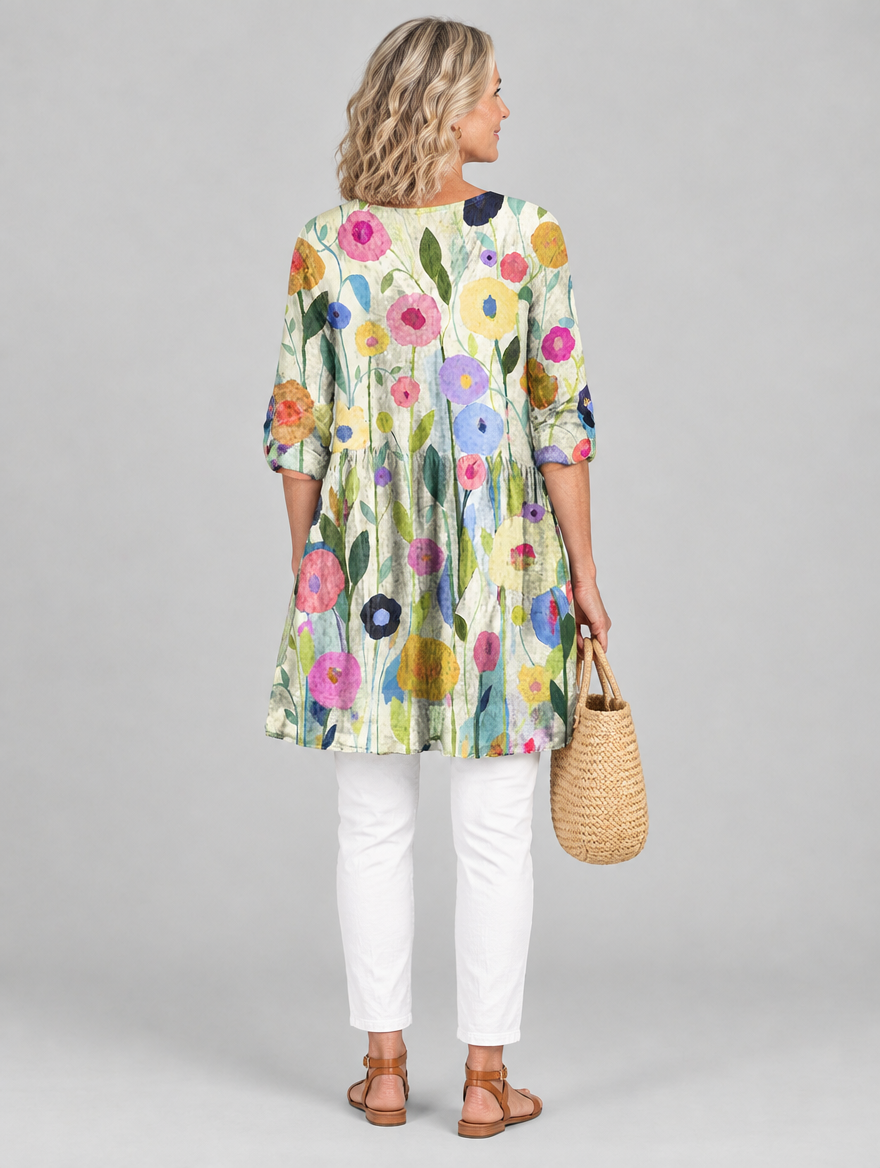 Daralis long blouse in stone watercolour poppy print, back view