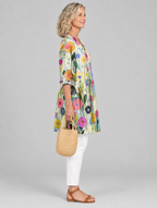 Daralis long blouse in stone watercolour poppy print, side view showing the relaxed fit