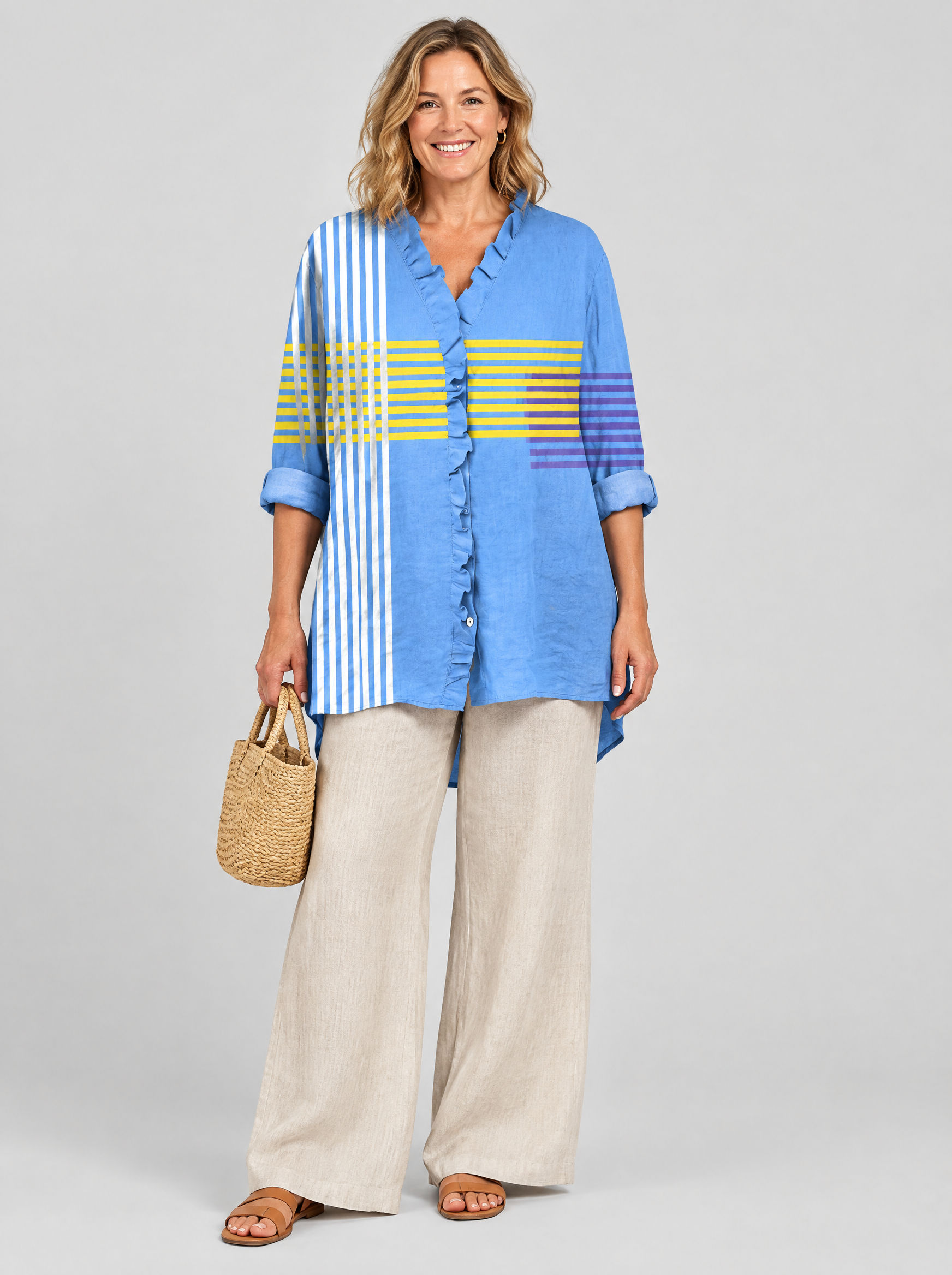 Glenda relaxed tunic in cornflower blue with yellow and violet stripes, front view
