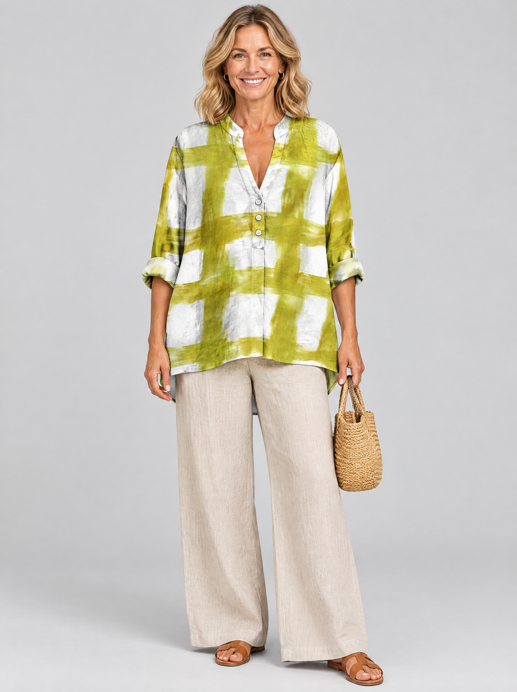 Amabel relaxed tunic in white and chartreuse brush check, front view