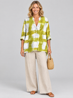 Amabel relaxed tunic in white and chartreuse brush check, front view