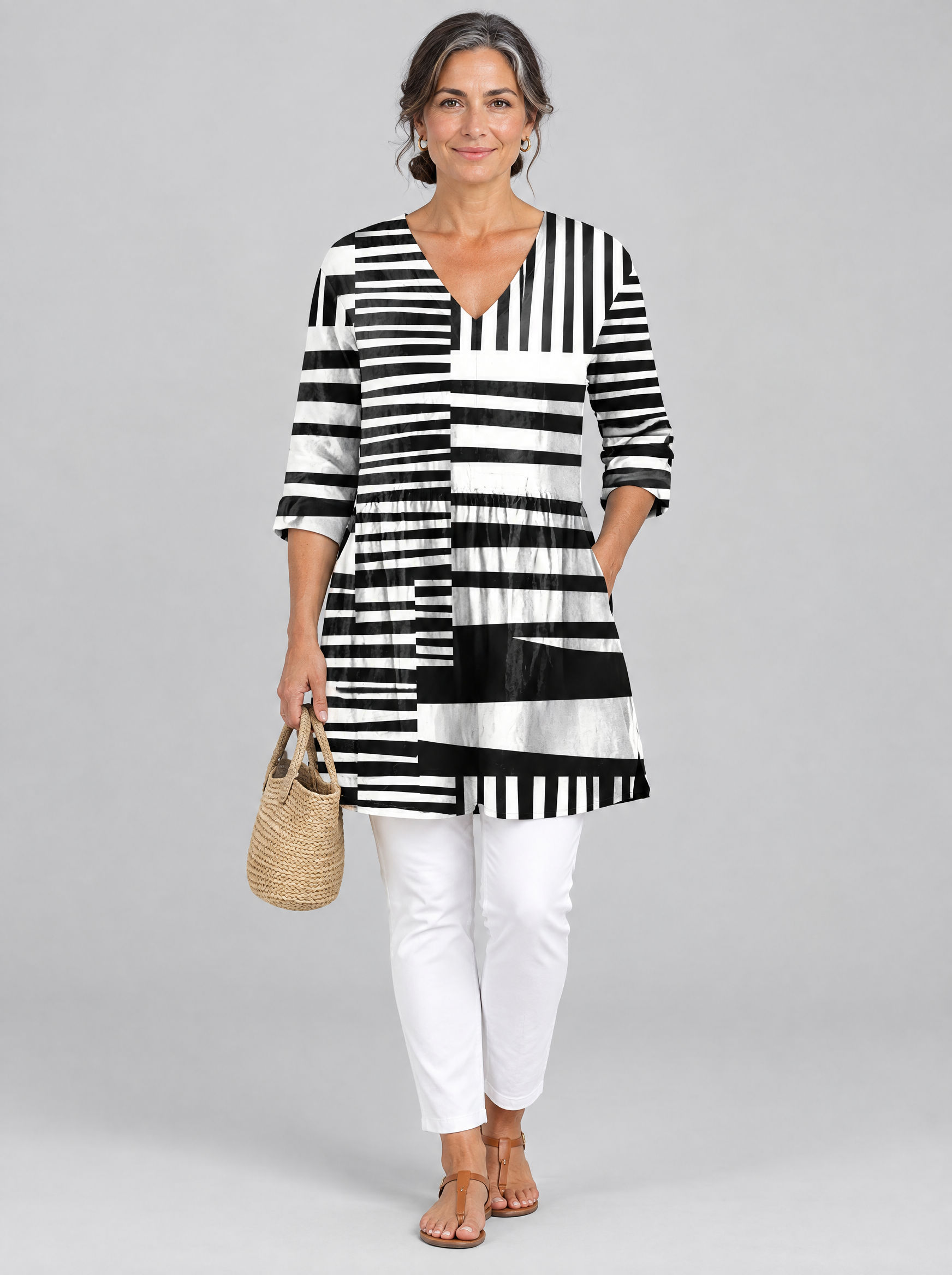 Sienna long blouse in black and white block stripe print, front view