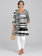 Vivica long blouse in black and white block stripe print, front view
