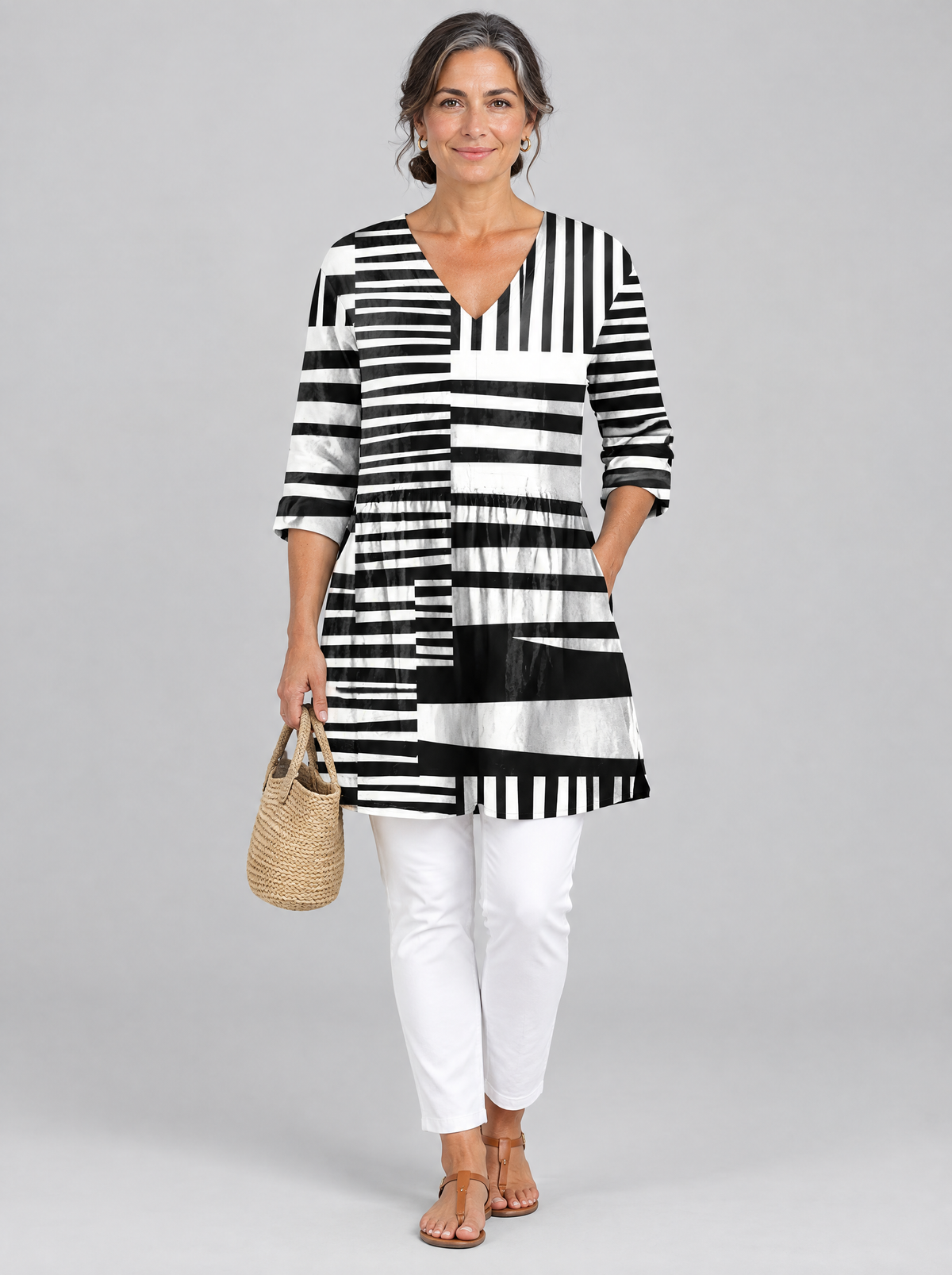 Vivica long blouse in black and white block stripe print, front view