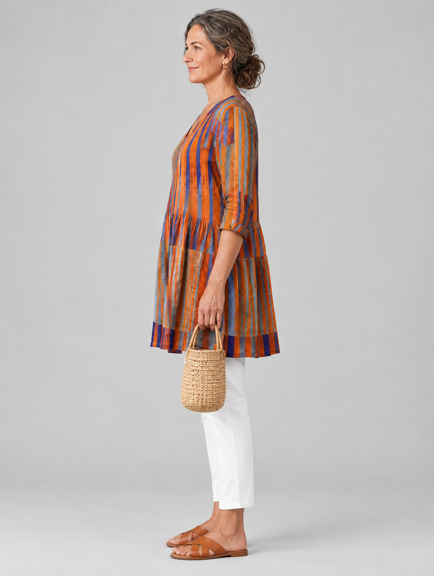 Ardith long blouse in burnt orange and violet painted stripe print, side view showing the relaxed fit