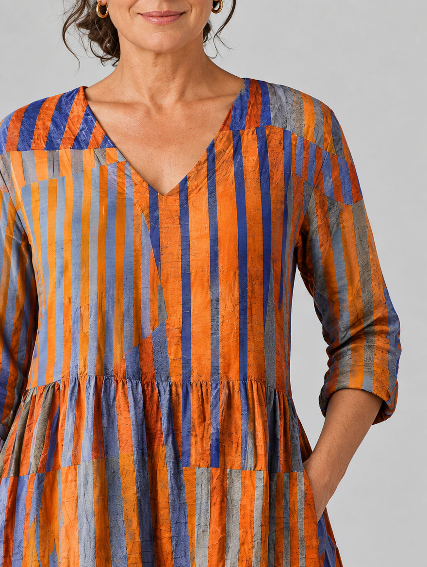 Ardith long blouse in burnt orange and violet painted stripe print, close up of print and neckline