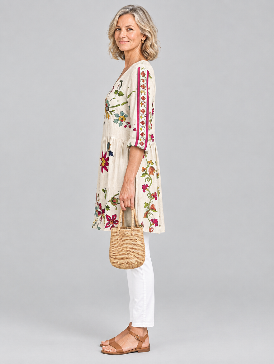 Hedda long blouse in beige folk floral print, side view showing the relaxed fit