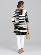 Vivica long blouse in black and white block stripe print, back view