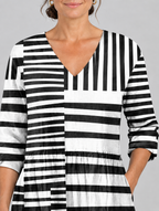 Vivica long blouse in black and white block stripe print, close up of print and neckline