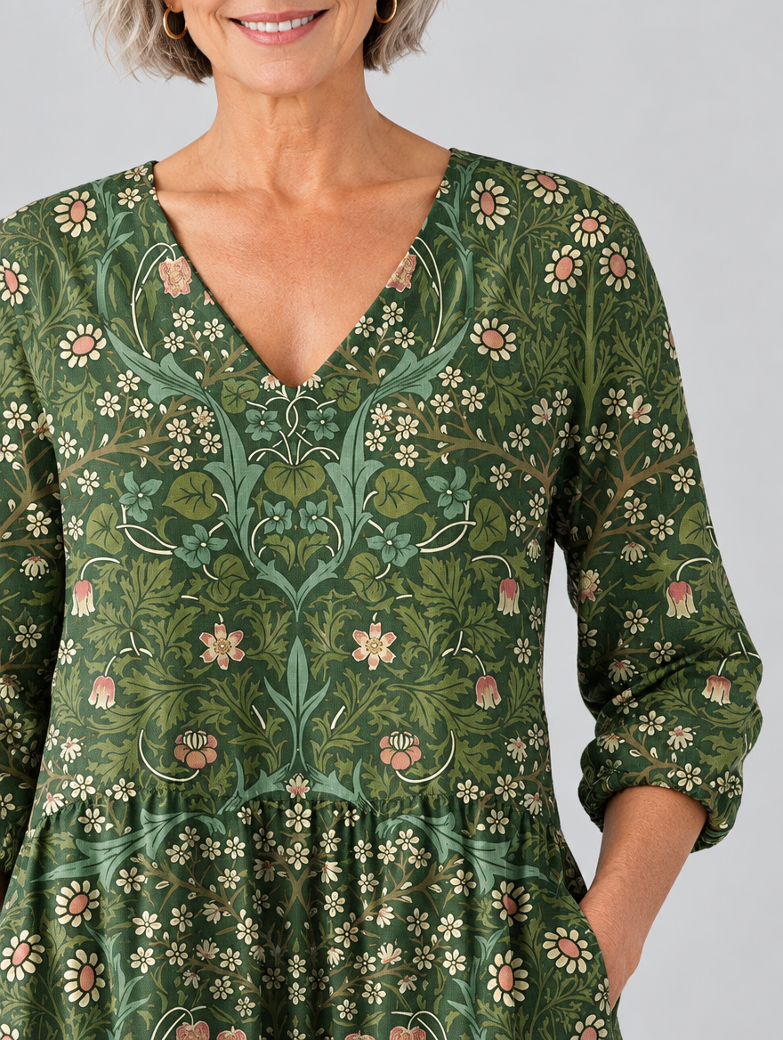 Wilda long blouse in forest green botanical print, close up of print and neckline
