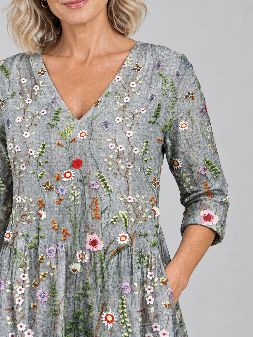 Audrey long blouse in dove grey meadow wildflower print, close up of print and neckline