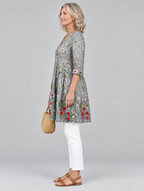 Lorelle long blouse in dove grey meadow wildflower print, side view showing the relaxed fit