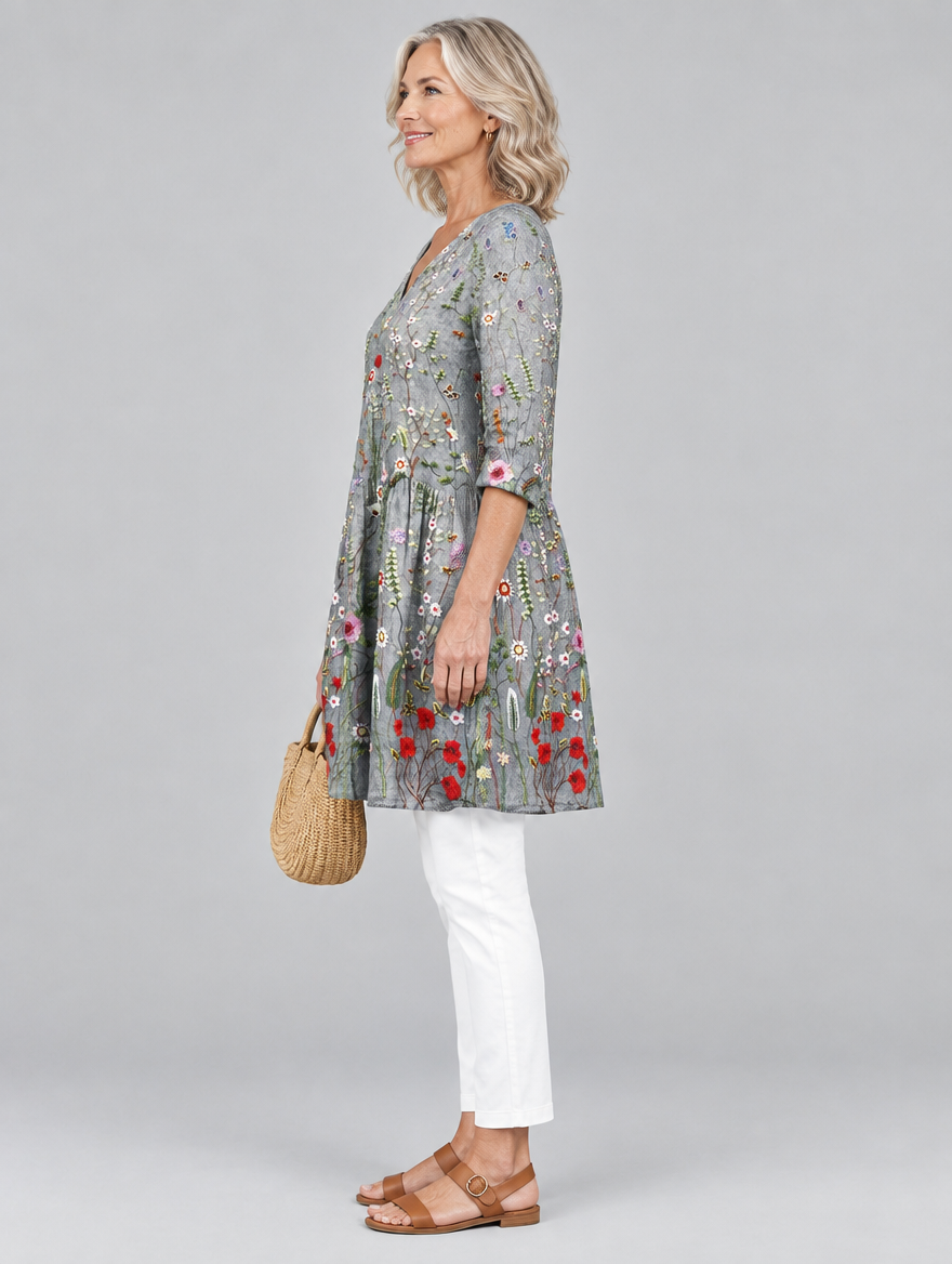 Lorelle long blouse in dove grey meadow wildflower print, side view showing the relaxed fit