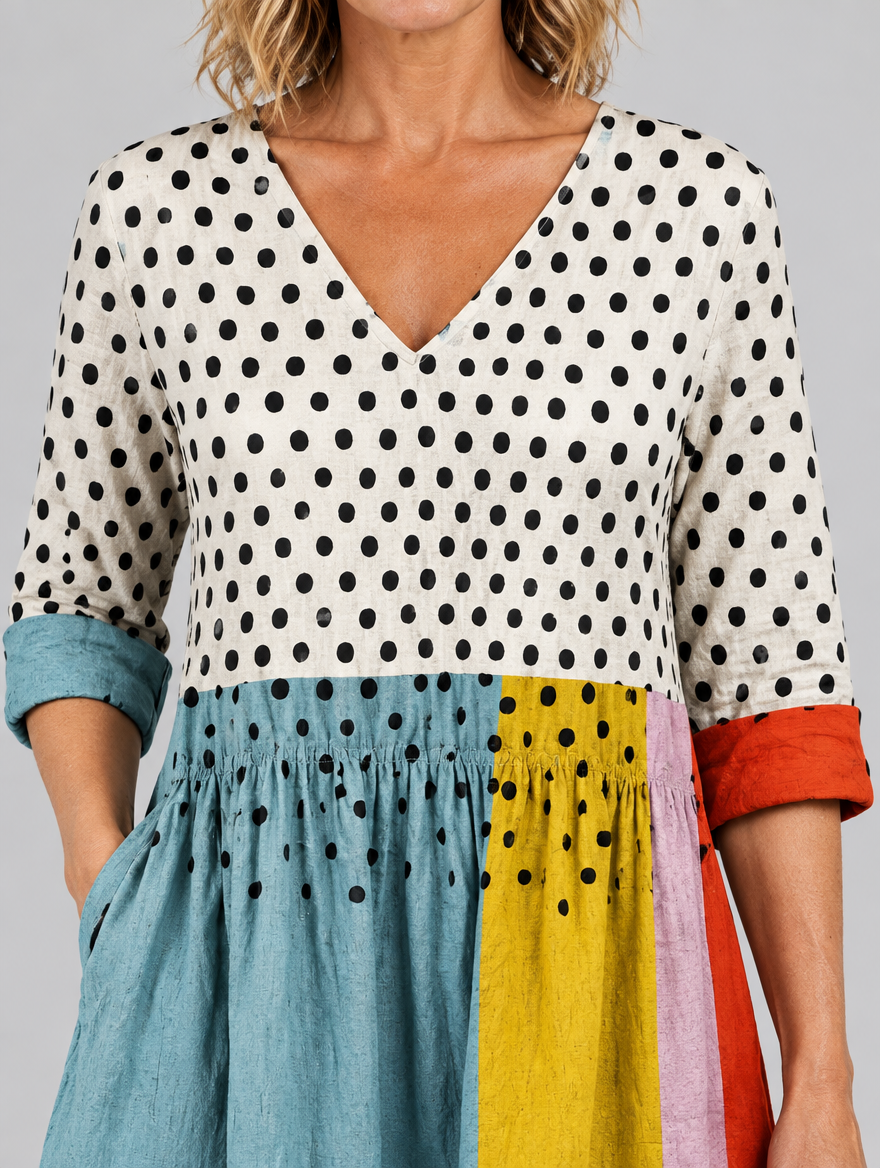Jacqueline long blouse in polka dot colour block, close up of print and neckline