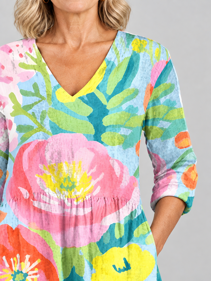 Valerie long blouse in pastel watercolour poppy print on sky blue, close up of print and neckline