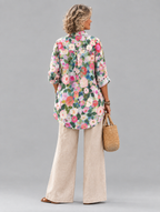 Camellia relaxed tunic in painterly camellia and rose print, back view