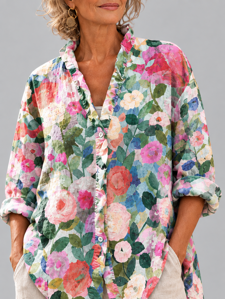 Londyn relaxed tunic in painterly camellia and rose print, close up of print and ruffle collar