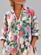 Camellia relaxed tunic in painterly camellia and rose print, close up of print and ruffle collar