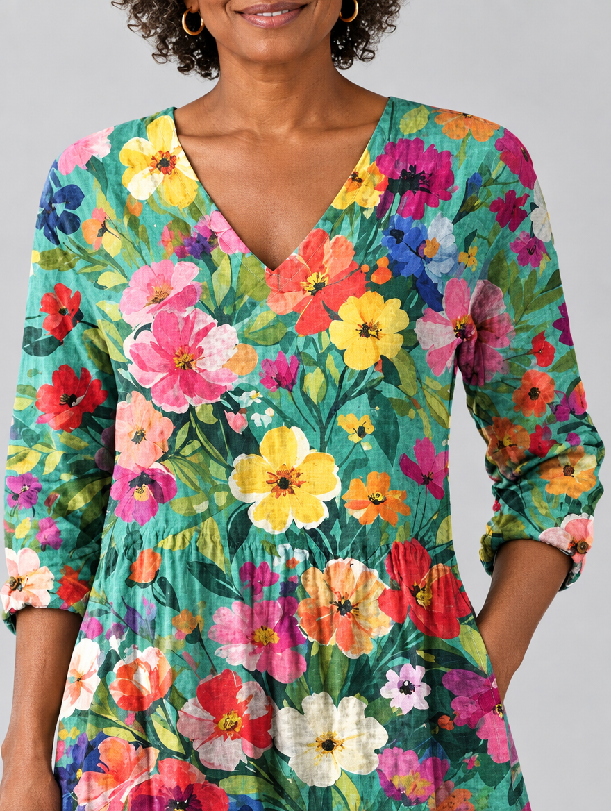 Angel long blouse in teal wildflower print, close up of print and neckline