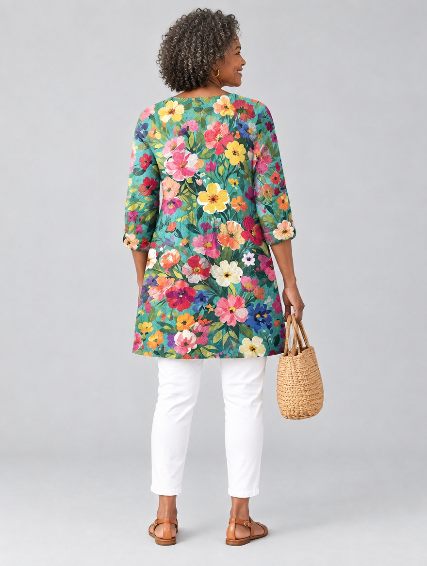 Lark long blouse in teal wildflower print, back view