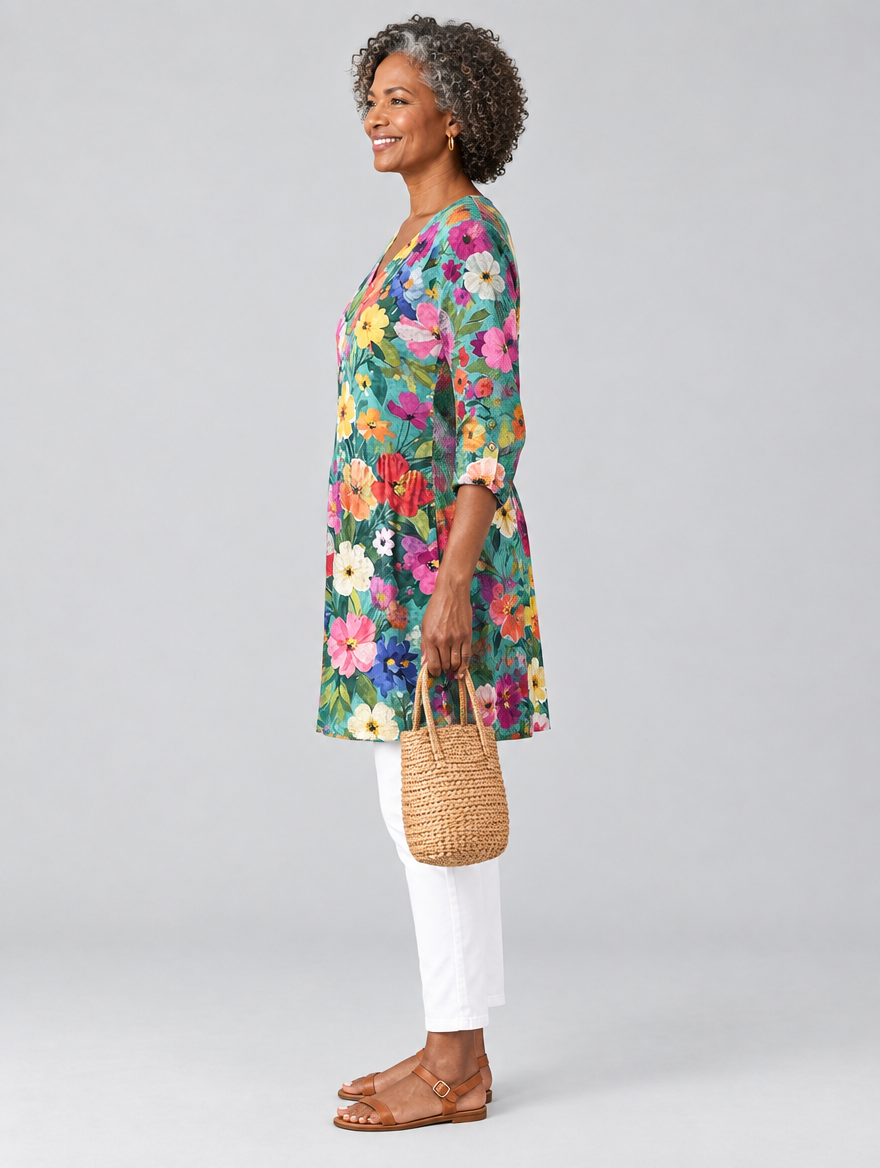 Lark long blouse in teal wildflower print, side view showing the relaxed fit