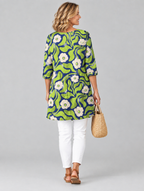 Joni long blouse in navy and lime retro daisy print, back view