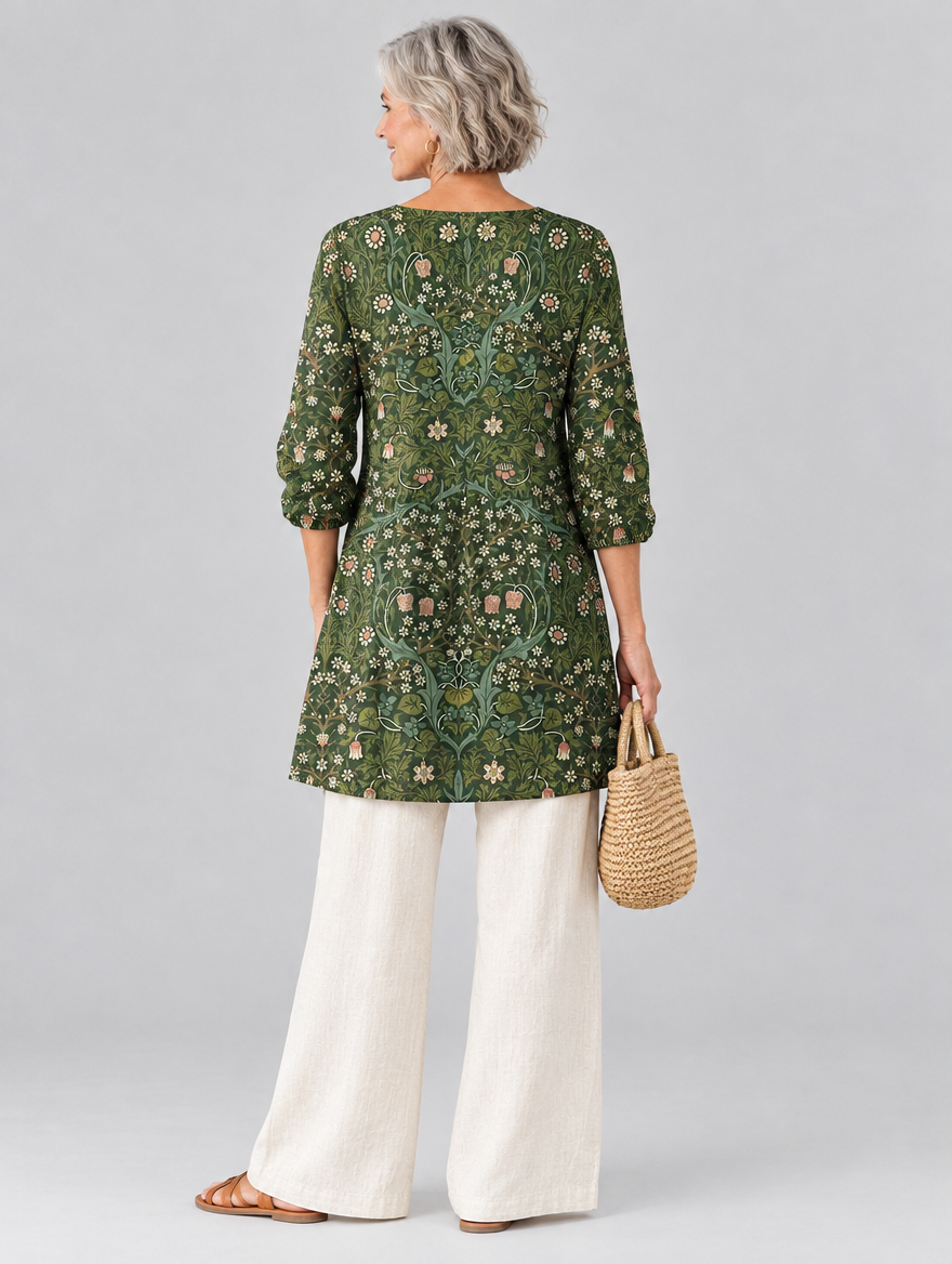 Wilda long blouse in forest green botanical print, back view