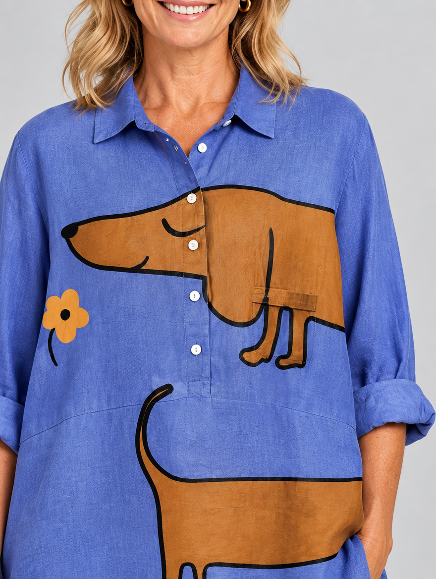 Brynja relaxed tunic in periwinkle blue sausage dog print, close up of print and collar