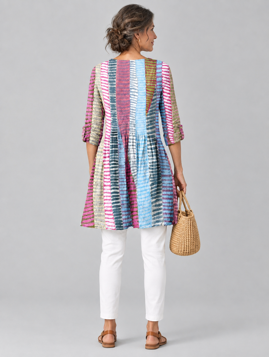 Yvaine long blouse in painted brush stripe print, back view