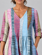 Yvaine long blouse in painted brush stripe print, close up of print and neckline