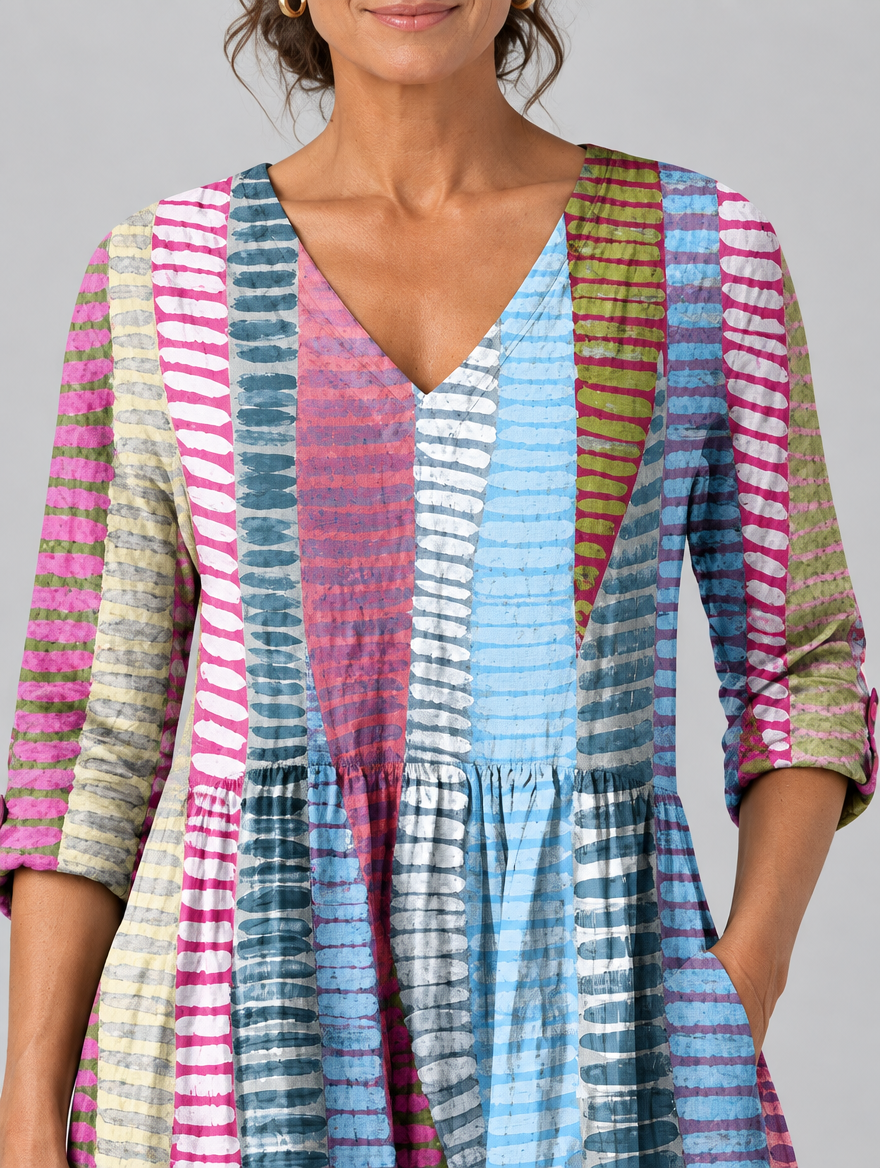 Yvaine long blouse in painted brush stripe print, close up of print and neckline