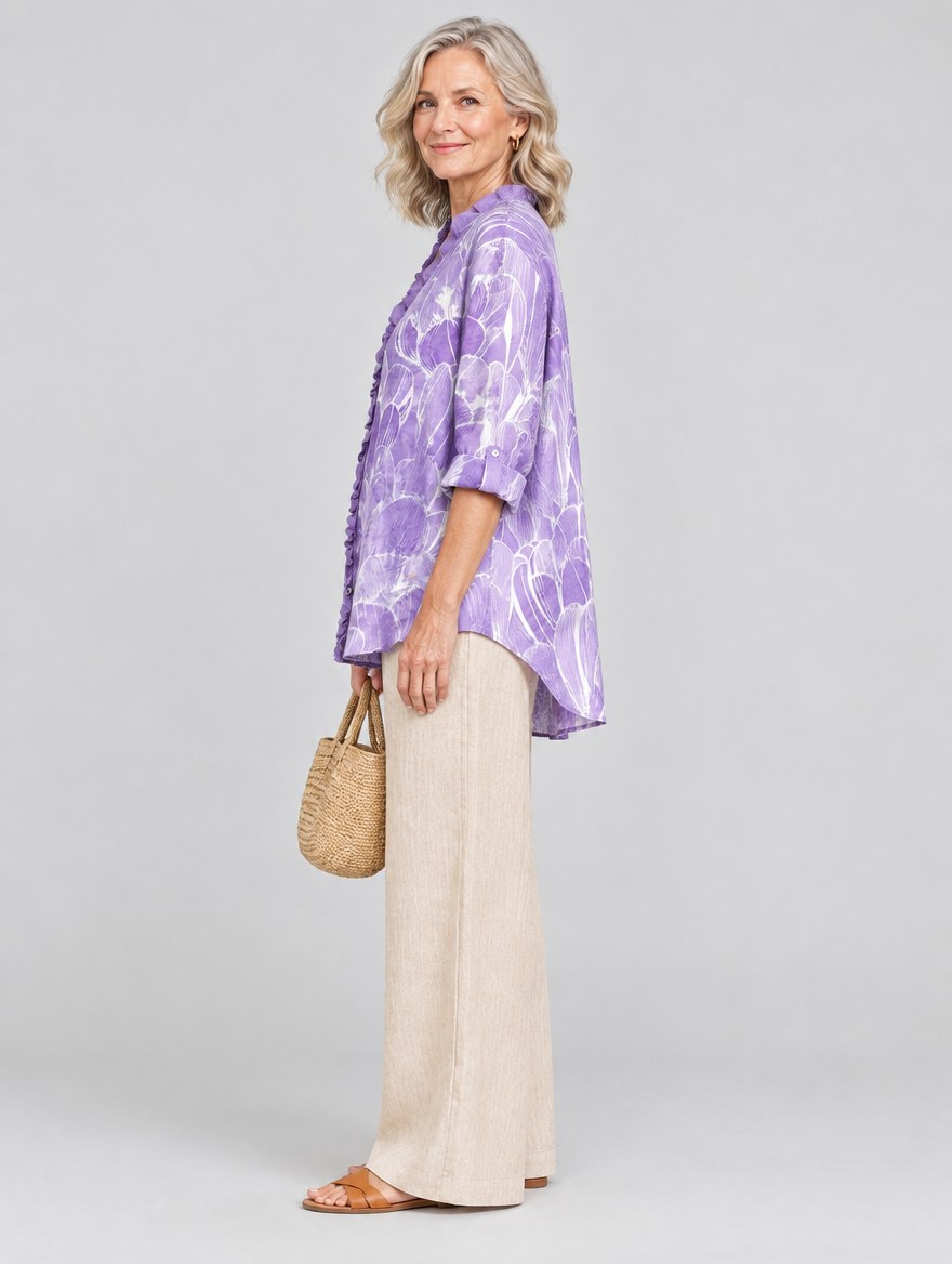 Velda relaxed tunic in lavender petal print, side view showing the relaxed fit