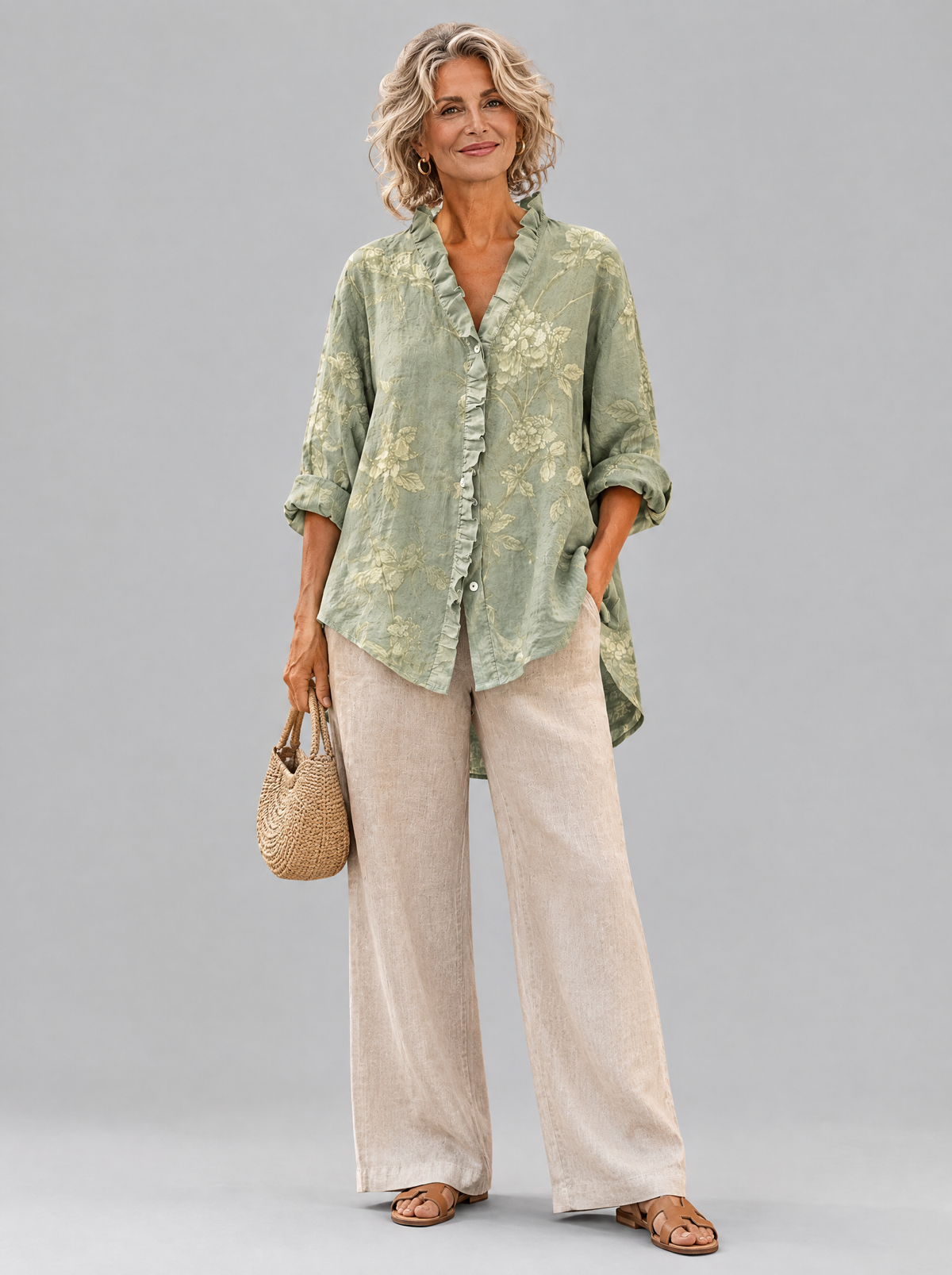 Sigrid relaxed tunic in sage green tonal peony print, front view