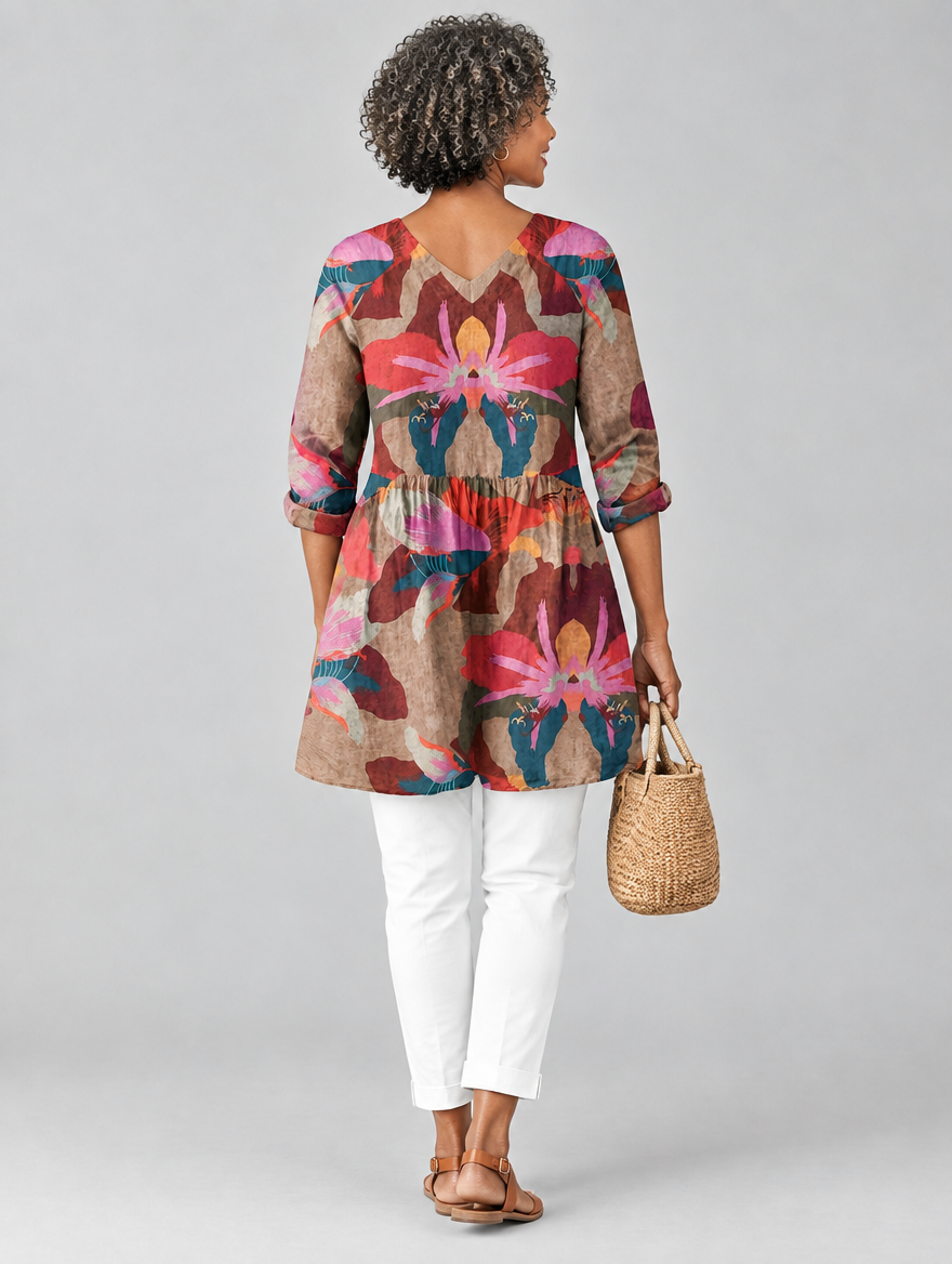 Eilidh long blouse in mocha orchid print, back view