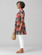 Eilidh long blouse in mocha orchid print, side view showing the relaxed fit