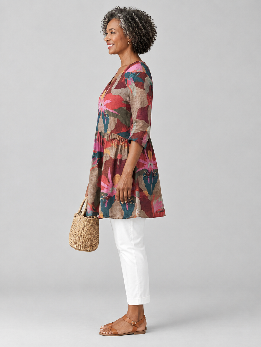 Eilidh long blouse in mocha orchid print, side view showing the relaxed fit