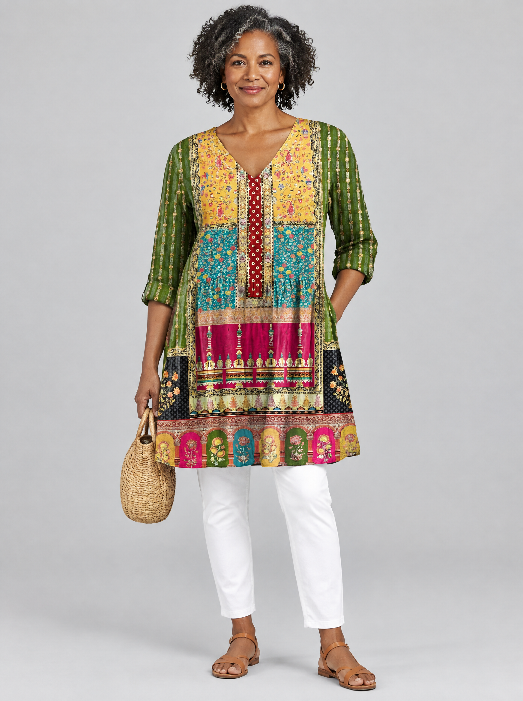 Melody long blouse in patchwork heritage print, front view